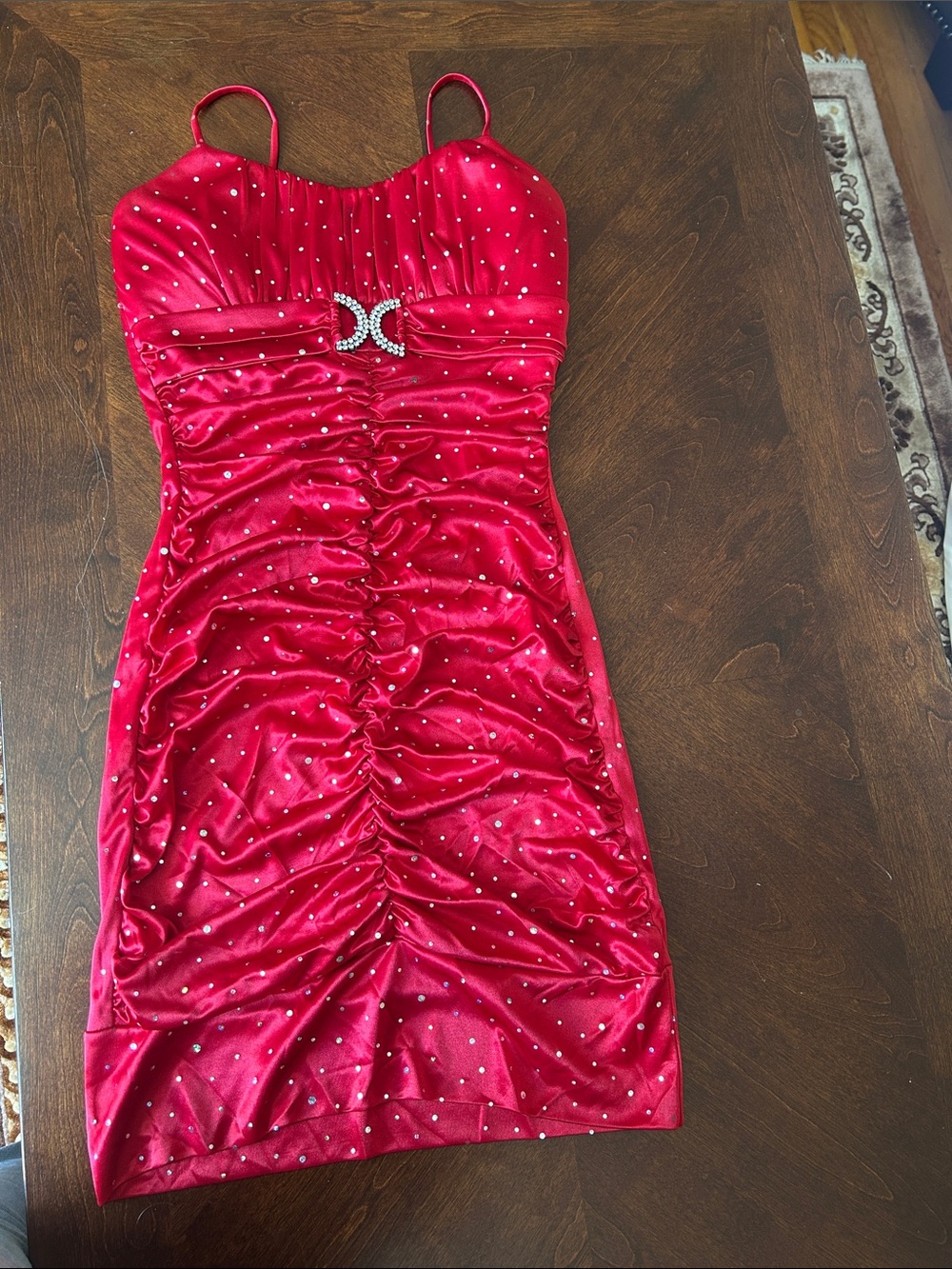 Finesse Red Satin Ruched Mini Dress with Rhinestone Buckle